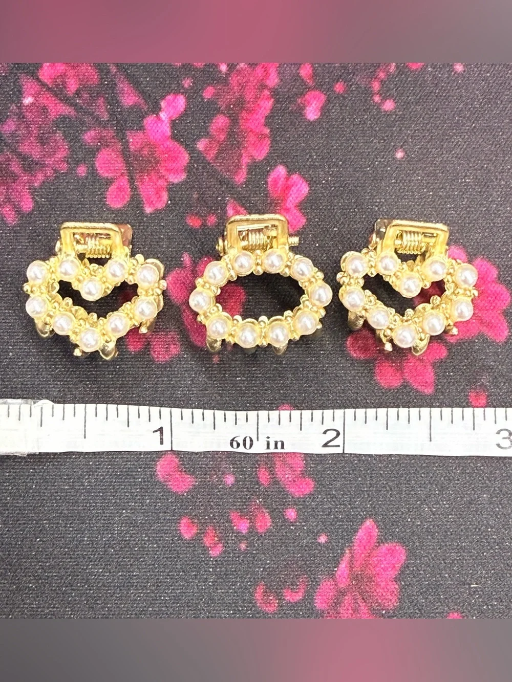 Gold Pearl Heart Mini Hair Claw Clips - Set of 3